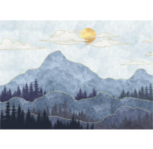 Tapete mit Berglandschaft, Bäumen, Wolken und Sonne