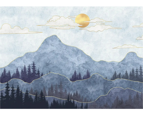 Tapete mit Berglandschaft, Bäumen, Wolken und Sonne