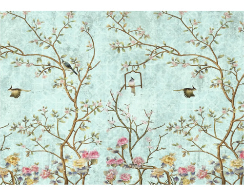 Papier peint avec motifs d'arbres, d'oiseaux et de fleurs