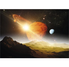 Illustration d'un paysage lointain avec des planètes, des lunes et des étoiles