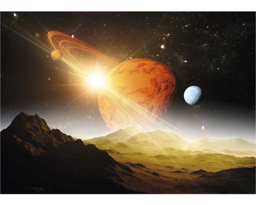Illustration d'un paysage lointain avec des planètes, des lunes et des étoiles