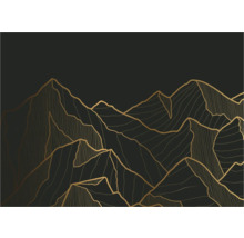 Illustration d'un paysage de montagne avec des contours dorés sur un fond sombre