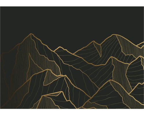 Illustration d'un paysage de montagne avec des contours dorés sur un fond sombre