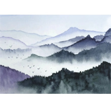 Peinture à l'aquarelle avec des montagnes et une nuée d'oiseaux