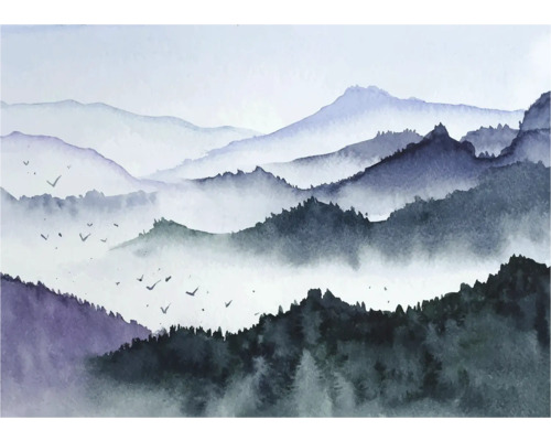 Peinture à l'aquarelle avec des montagnes et une nuée d'oiseaux