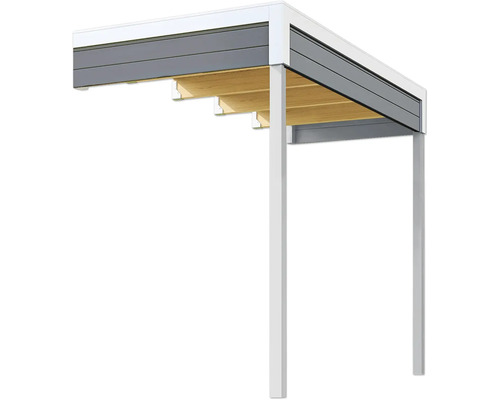 Detailansicht einer Terrassenüberdachung mit Holzunterbau und Aluminiumrahmen