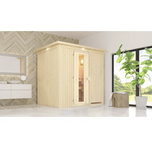 Badezimmer mit Sauna, Waschtisch und Pflanze