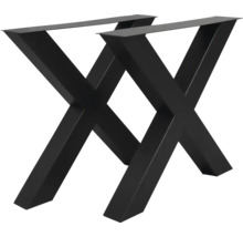 Deux pieds de table en forme de X en métal noir.