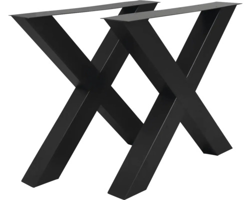 Deux pieds de table en forme de X en métal noir.
