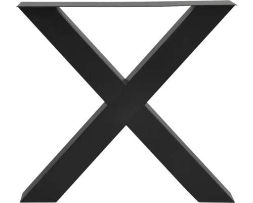 Pied de table métallique en forme de X de couleur noire.