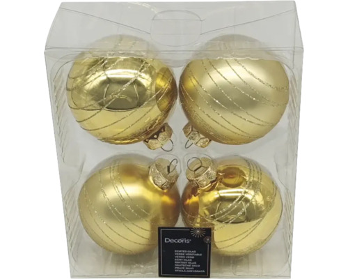 Vier goldfarbene Christbaumkugeln aus Glas in transparenter Verpackung.