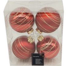 Ensemble de quatre boules de Noël rouges en verre avec des rayures dorées