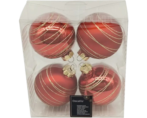 Ensemble de quatre boules de Noël rouges en verre avec des rayures dorées