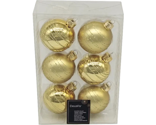 Sechs goldene Weihnachtskugeln aus Glas in transparenter Verpackung.