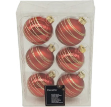 Paquet de six boules de Noël rouges à rayures dorées