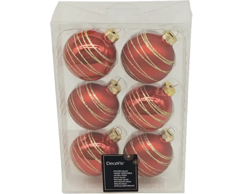Paquet de six boules de Noël rouges à rayures dorées