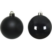 Zwei schwarze Christbaumkugeln mit silberfarbener Aufhängung