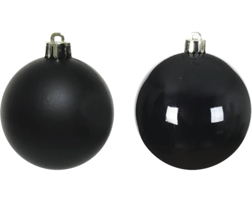 Zwei schwarze Christbaumkugeln mit silberfarbener Aufhängung