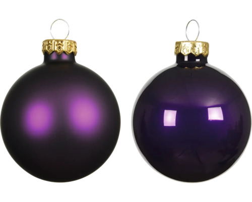 Weihnachtsbaumkugeln Glas Ø 6 cm purpur 30 Stück Zwei violette Weihnachtskugeln mit goldener Aufhängung