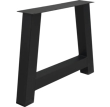 Pied de table trapézoïdal en acier thermolaqué noir avec plaque de montage et barre transversale inférieure.
