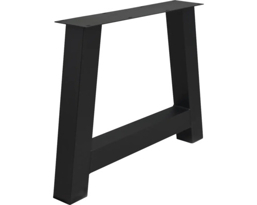 Pied de table trapézoïdal en acier thermolaqué noir avec plaque de montage et barre transversale inférieure.