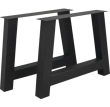 Deux pieds de table noirs en métal de forme trapézoïdale pour la construction de meubles.