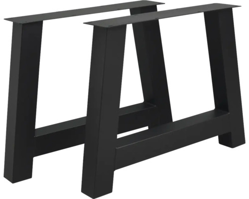 Deux pieds de table noirs en métal de forme trapézoïdale pour la construction de meubles.