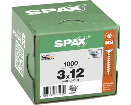 Vis Spax, 3x12 mm, paquet de 1000 pièces