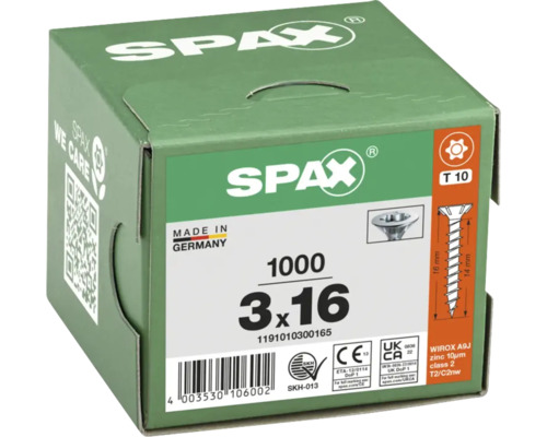 Vis Spax 3x16 millimètres, 1000 pièces dans un emballage vert
