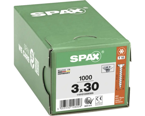 Vis Spax en boîte, dimension 3x30 millimètres, paquet de 1000 pièces
