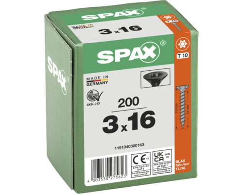Paquet de vis Spax, 3x16 millimètres, 200 pièces