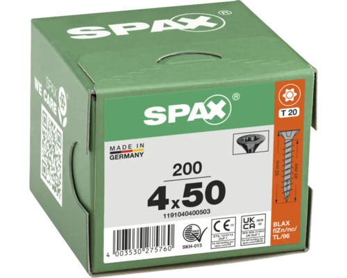 Vis Spax 4,0 x 50 millimètres, 200 pièces dans une boîte