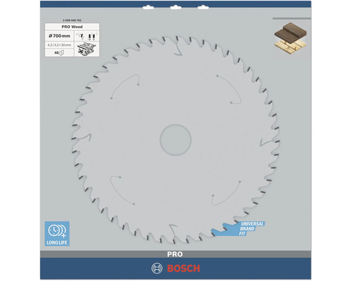Bosch Kreissägeblatt PRO Wood 700 Millimeter Durchmesser mit 46 Zähnen für Holz. Universal Brand Fit, lange Lebensdauer und Bosch Logo.