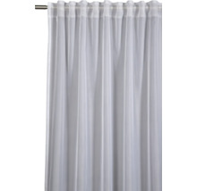 Voilage blanc transparent avec des pattes à plis sur une tringle à rideaux.