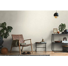 Salon avec fauteuil en osier, étagère et plantes d'intérieur pour une ambiance chaleureuse