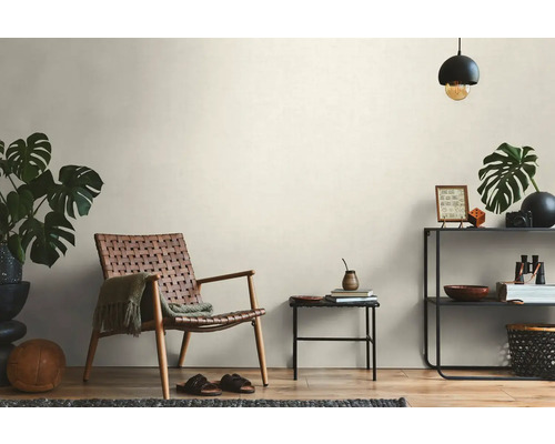 Salon avec fauteuil en osier, étagère et plantes d'intérieur pour une ambiance chaleureuse