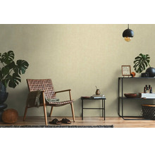 Salon avec fauteuil en rotin, table d'appoint et étagère avec décorations pour une ambiance chaleureuse.