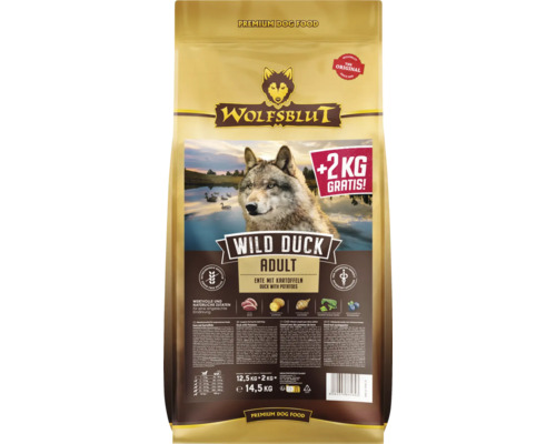 Hundefutter trocken WOLFSBLUT Wild Duck Adult, Ente mit Kartoffeln mit wertvollen Superfoods, getreidefrei, Glutenfrei 12,5 kg + 2 kg Overfill Wolfsblut Wild Duck Adult Trockenfutter für Hunde, 14,5 Kilogramm