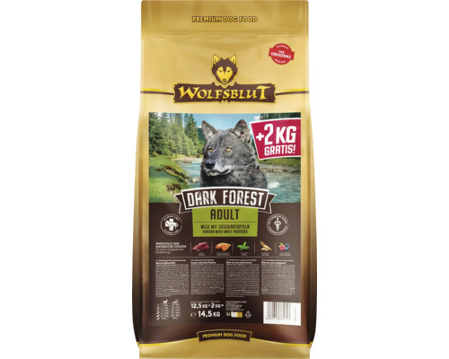 Hundefutter trocken WOLFSBLUT Dark Forest Adult, Wild mit Süßkartoffeln mit wertvollen Superfoods, getreidefrei, glutenfrei 12,5 kg + 2 kg Overfill Wolfsblut Trockenfutter Dark Forest Adult mit Wild und Süßkartoffeln, 14,5 Kilogramm