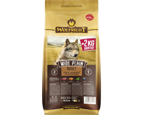 Hundefutter trocken WOLFSBLUT Wide Plain Adult, Pferd mit Süßkartoffeln mit wertvollen Superfoods, getreidefrei, glutenfrei 12,5 kg + 2 kg Overfill Wolfsblut Wide Plain Adult Trockenfutter für Hunde mit Pferd und Süßkartoffeln in einer 14,5 Kilogramm Packung