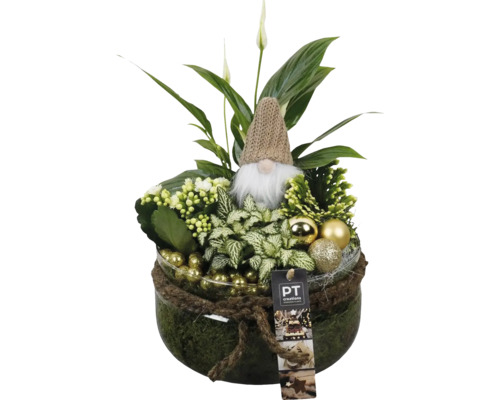 Pflanzschale mit verschiedenen Grünpflanzen, Zwergfigur und Christbaumkugeln