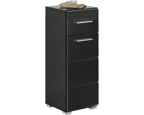 Armoire haute de salle de bains noire avec trois tiroirs et une serviette