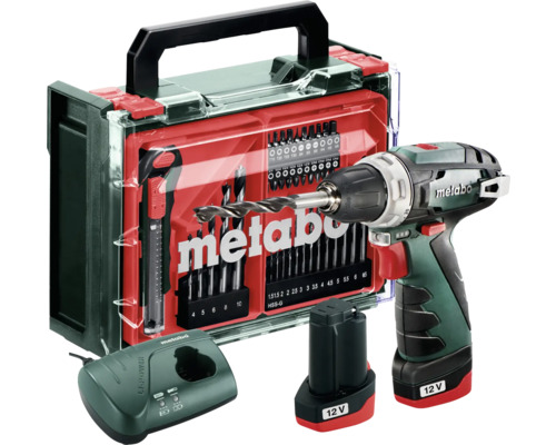 Akku-Bohrschrauber Metabo 12V PowerMaxx, inkl. 2 Akkus (2.0 Ah), inkl. Ladegerät und Zubehörkoffer Metabo Akku-Bohrschrauber mit Bohrer- und Bit-Set, Ladegerät und Akku in einem Koffer