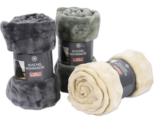 Trois couvertures douillettes roulées de différentes couleurs avec banderole et indication de taille d'environ 150 x 200 centimètres