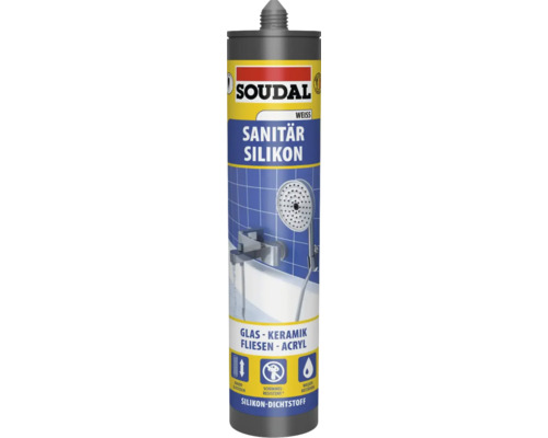 Silicone pour douche et salle de bains Soudal blanc 300 ml Mastic silicone sanitaire Soudal, adapté au verre, à la céramique, aux carreaux et à l'acrylique