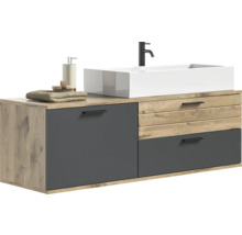 Meuble sous-vasque avec vasque à poser, robinetterie, distributeur de savon, serviette et brosse