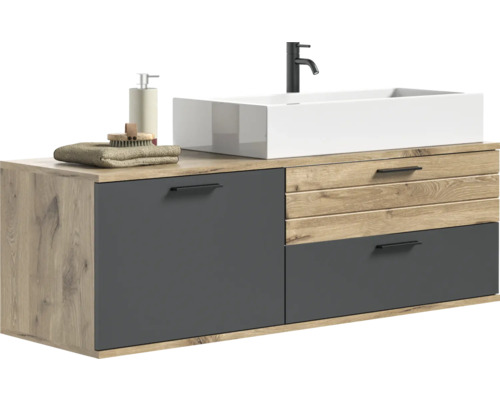 Meuble sous-vasque avec vasque à poser, robinetterie, distributeur de savon, serviette et brosse