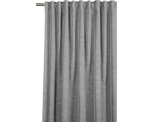 Graue Gardine mit Faltenaufhängung an einer Gardinenstange