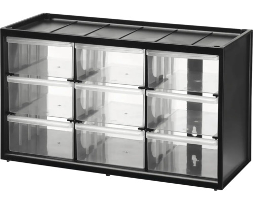 Schubladenregal mit neun transparenten Schubladen