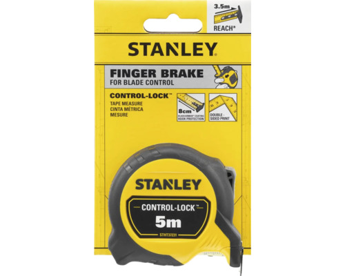 Mètre à ruban Stanley avec frein à doigt et une longueur de 5 m dans son emballage